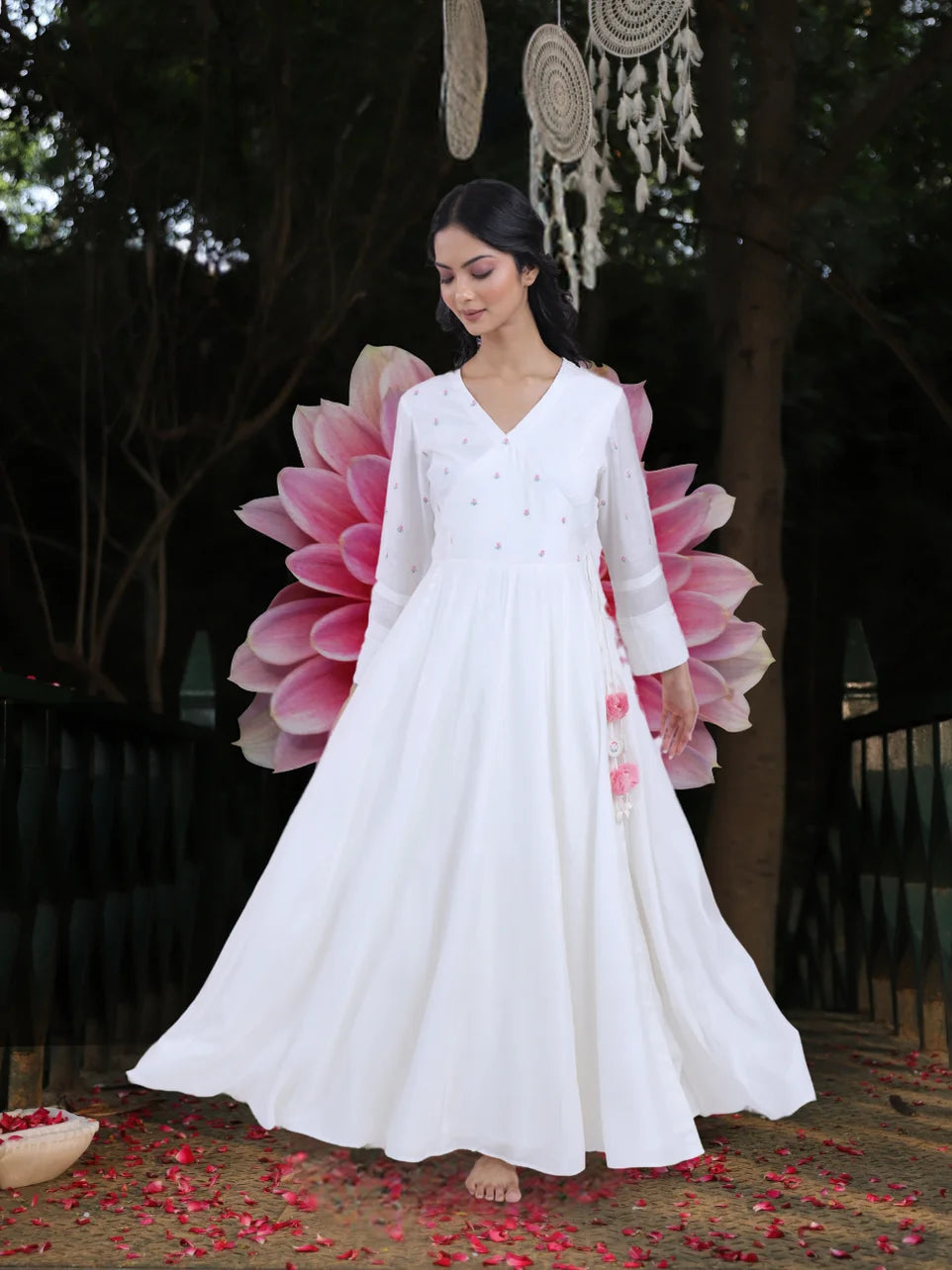 Aatma Shringara - White Maslin Machine Embroidered Angrakha Kurta