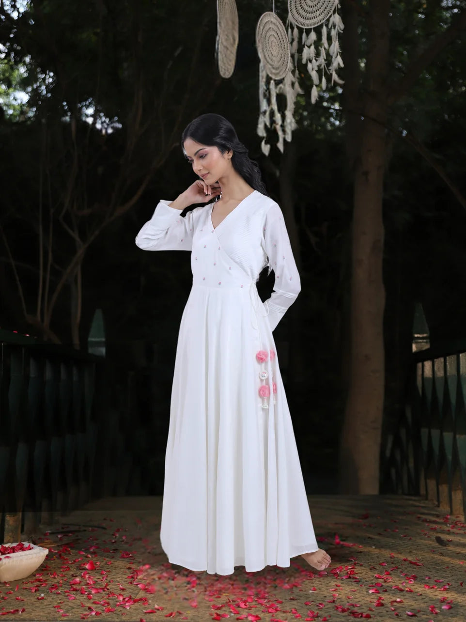 Aatma Shringara - White Maslin Machine Embroidered Angrakha Kurta