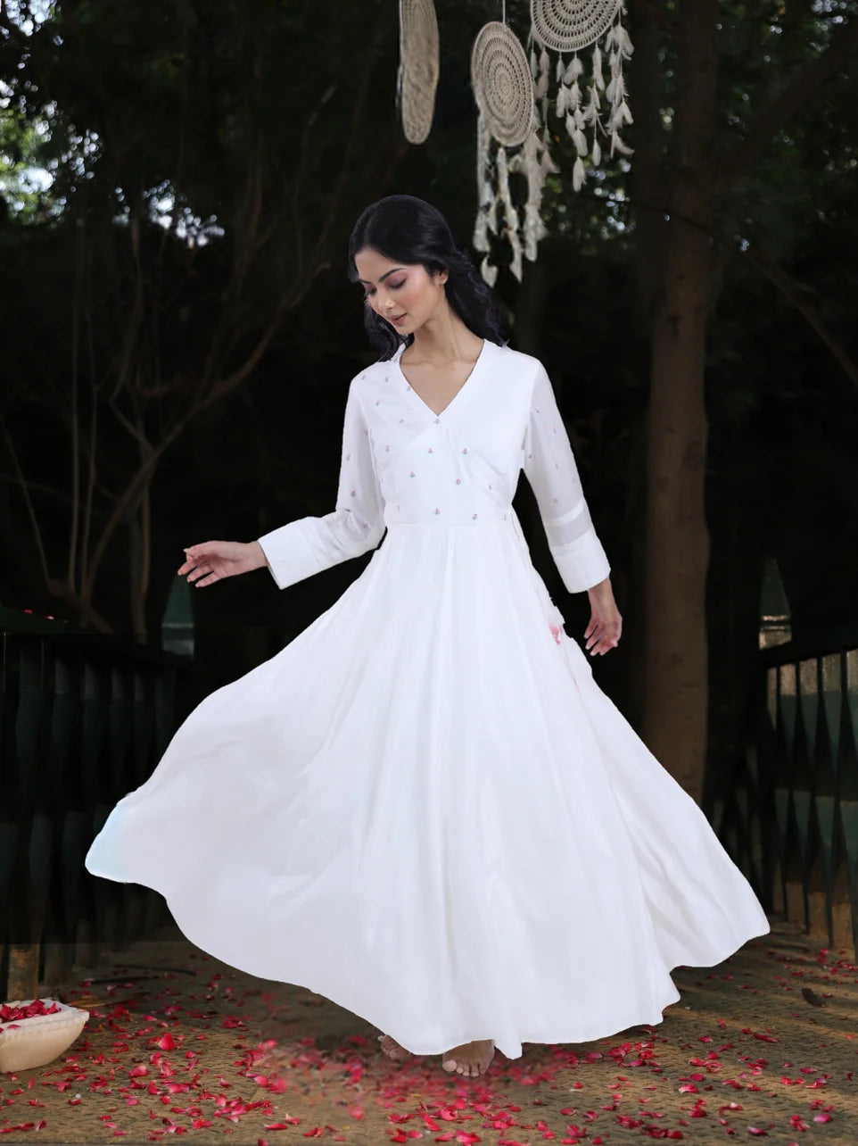 Aatma Shringara - White Maslin Machine Embroidered Angrakha Kurta