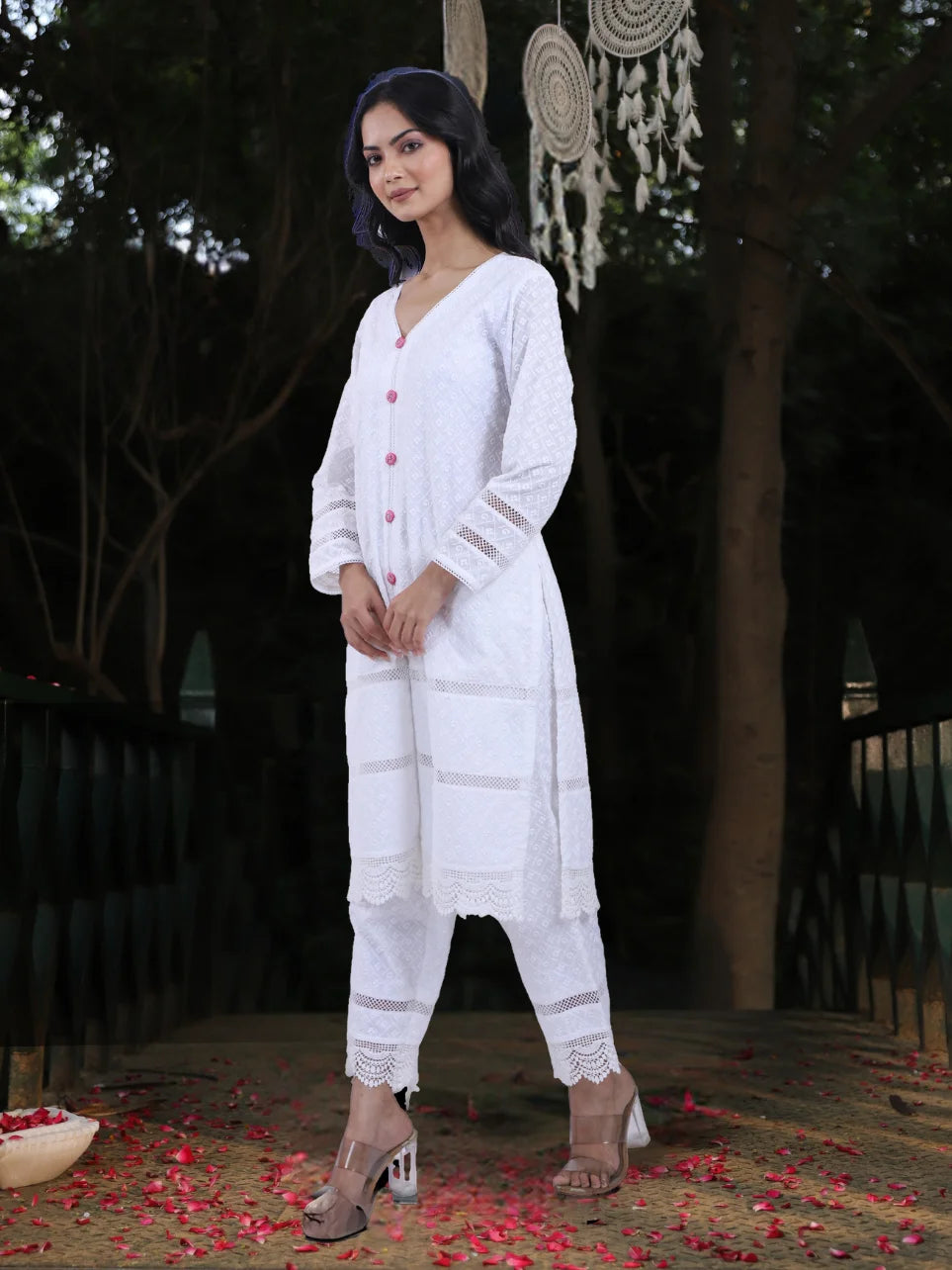 Tridha Asmi - White Machine Chikankari Embroidery Kurta Set