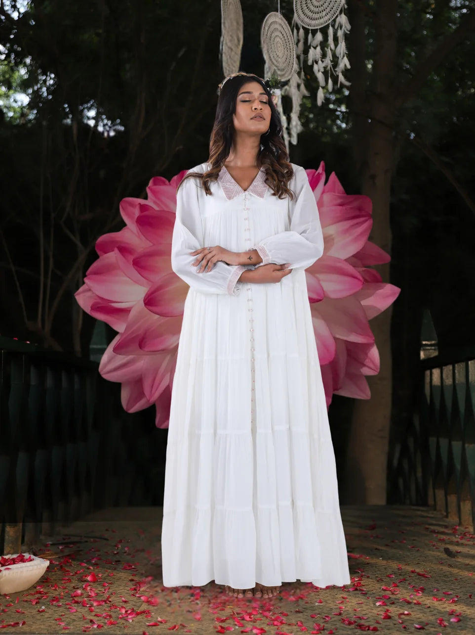 Kathiki Rekha - White Crepe Angel Gown with Handwork.