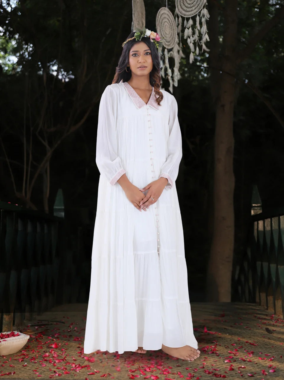 Kathiki Rekha - White Crepe Angel Gown with Handwork.