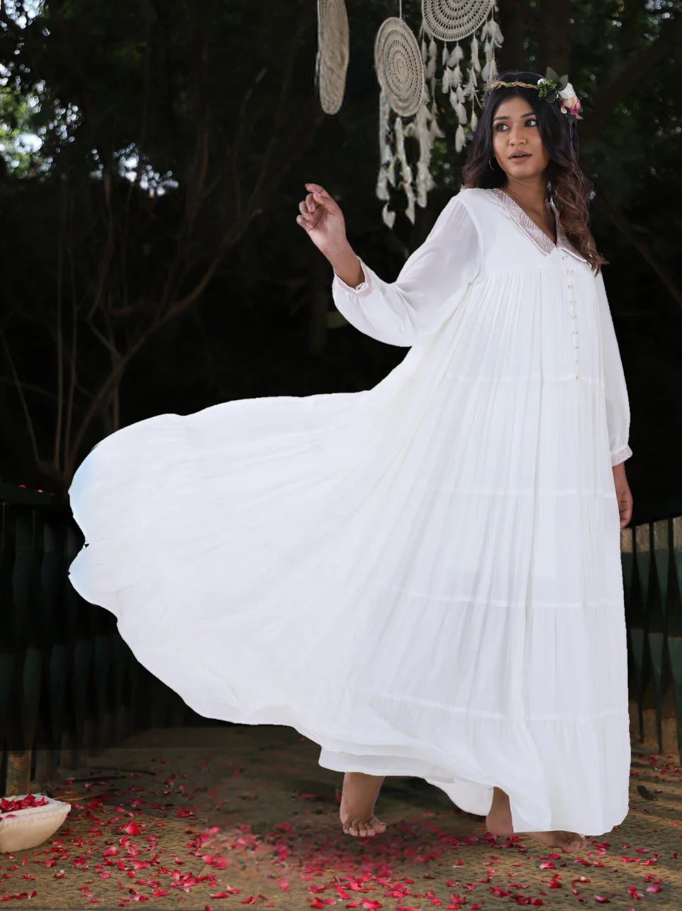Kathiki Rekha - White Crepe Angel Gown with Handwork.