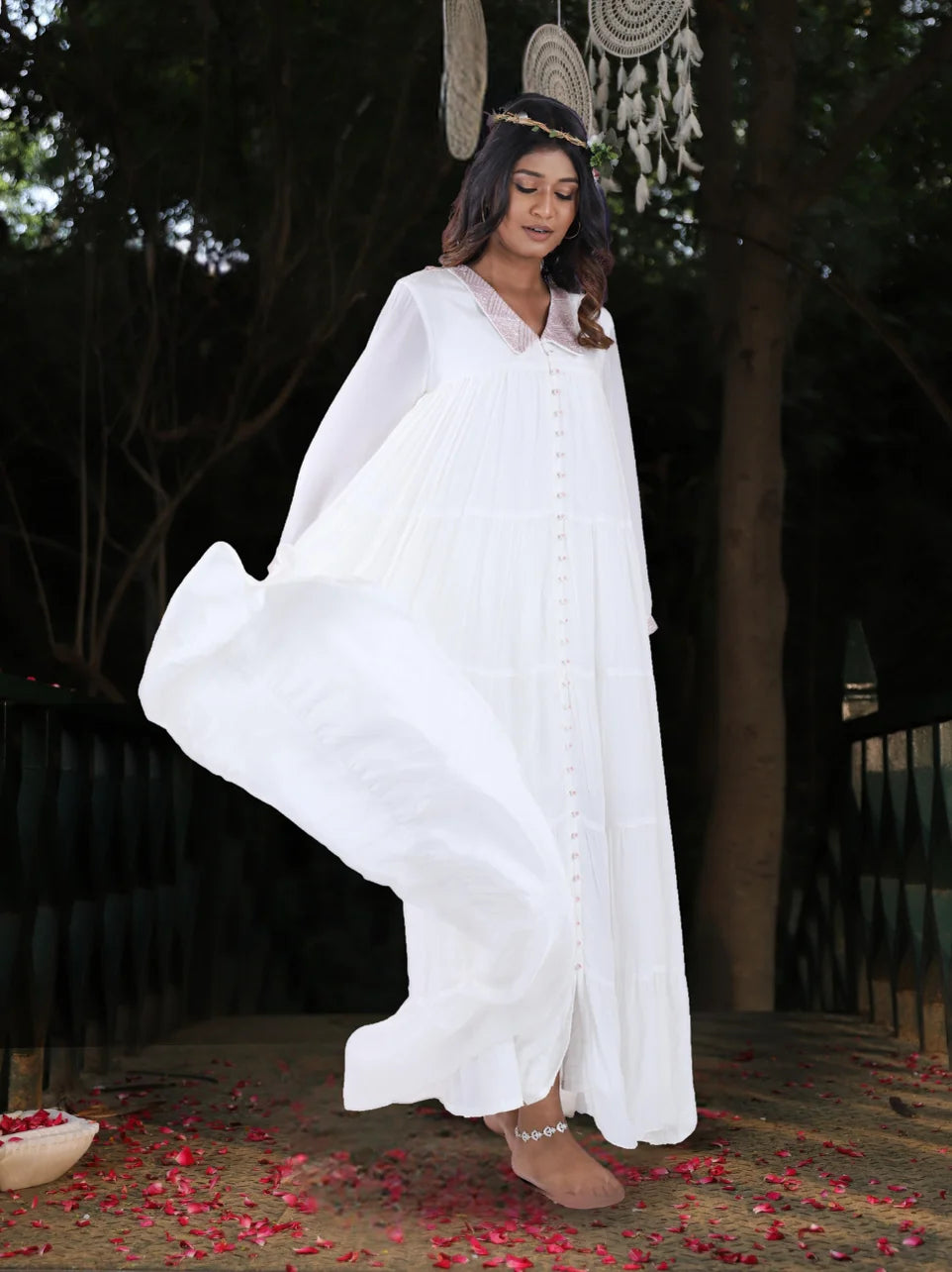 Kathiki Rekha - White Crepe Angel Gown with Handwork.