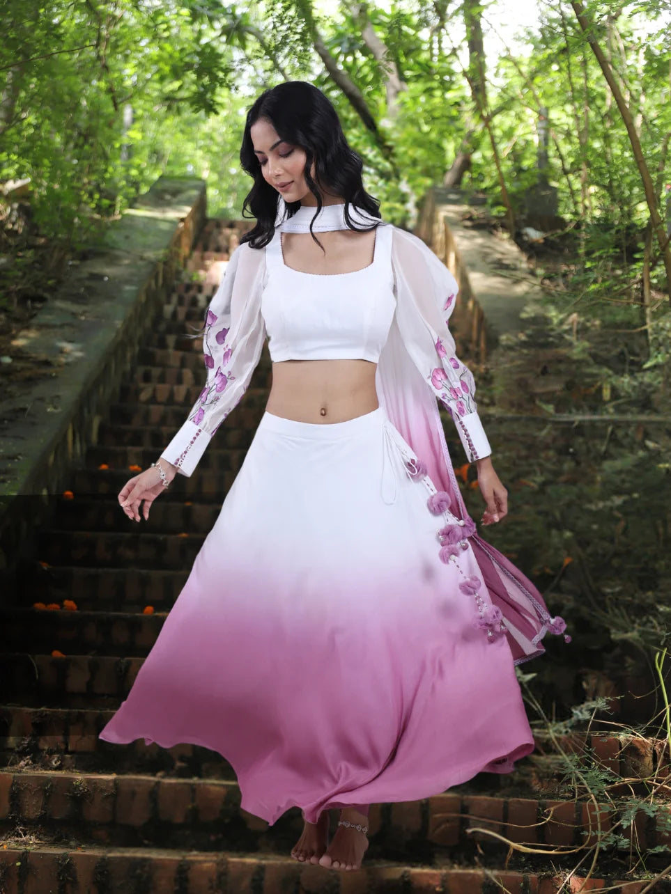 Shyamali - Purple Muslin Lehenga with Shaded Dupatta