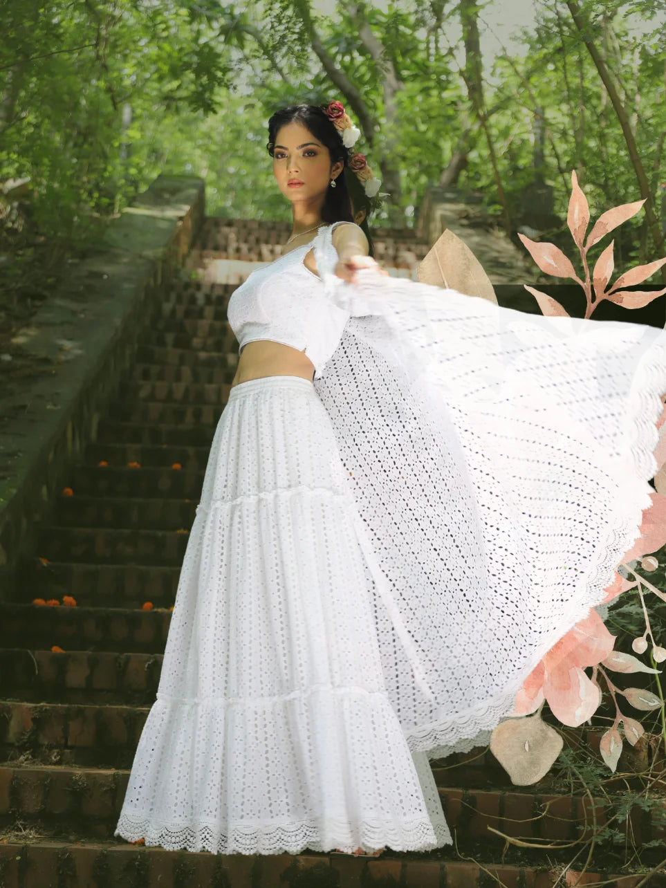 Ananta Hamsini - White Cotton Schiffli Bralette with Flared Tiered Skirt and Jacket