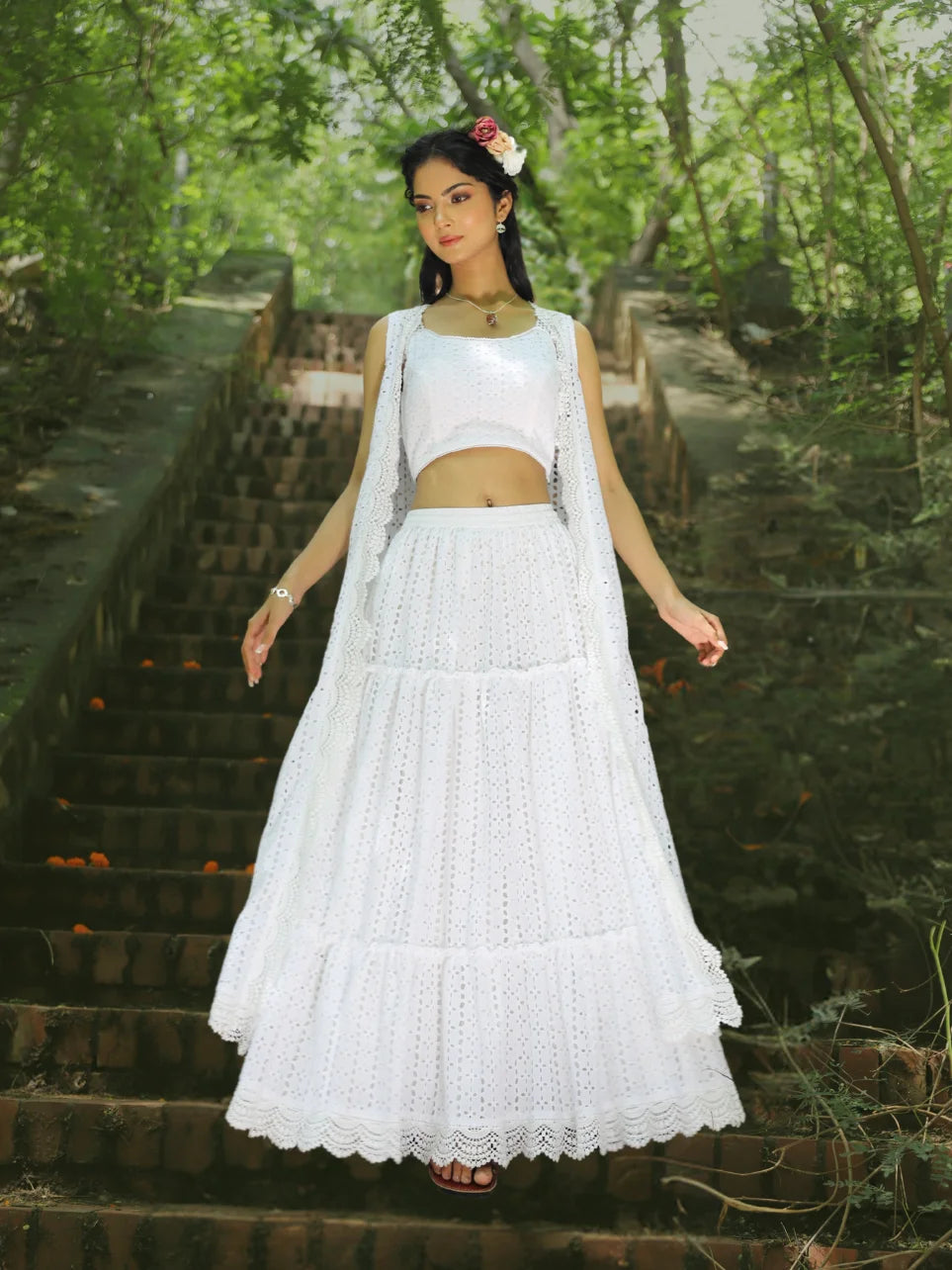 Ananta Hamsini - White Cotton Schiffli Bralette with Flared Tiered Skirt and Jacket