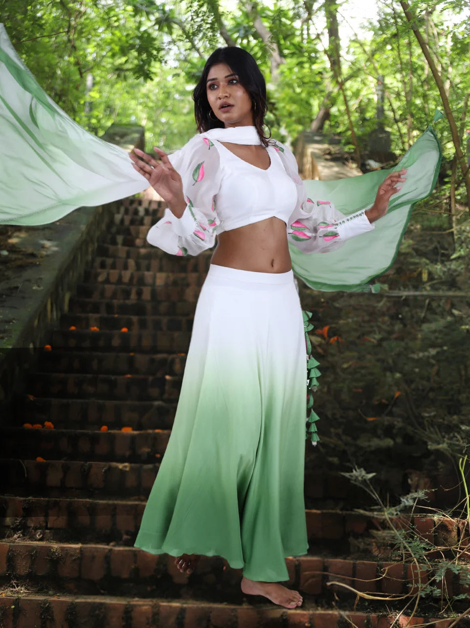 Mohak Roop - Green Shaded Muslin Lehenga for Women