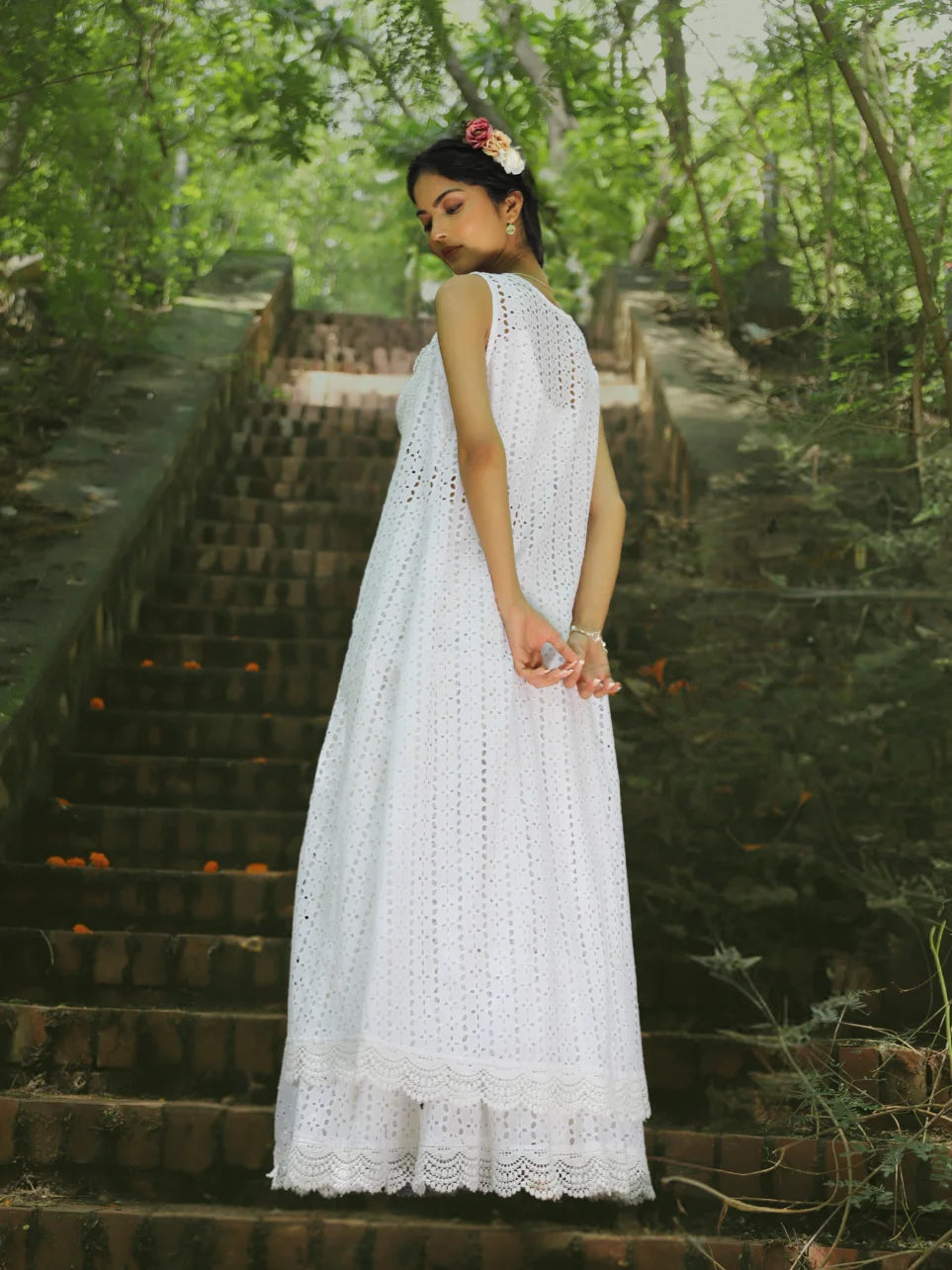 Ananta Hamsini - White Cotton Schiffli Bralette with Flared Tiered Skirt and Jacket