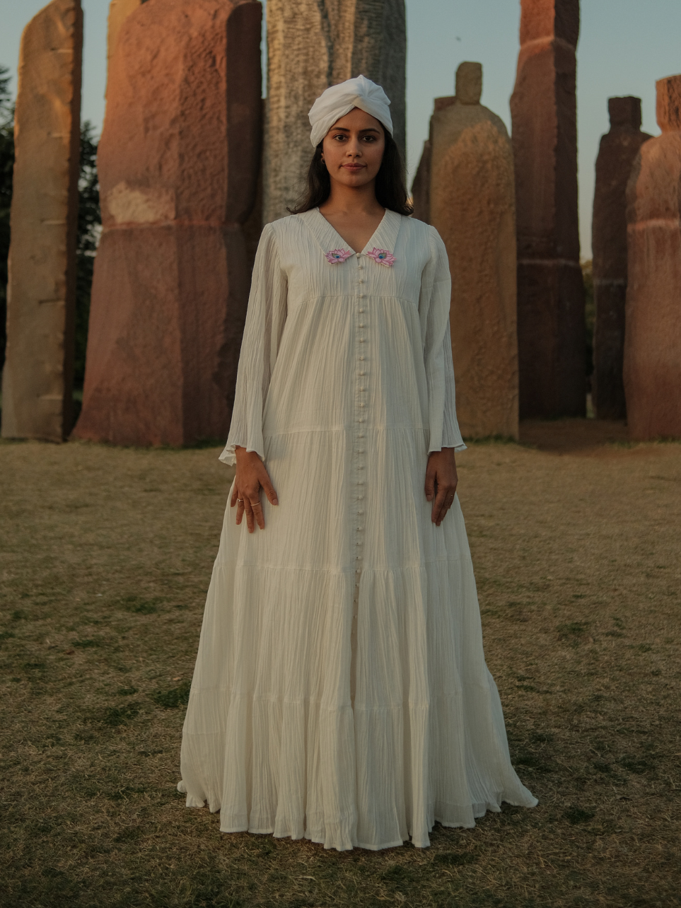 Abhit Anusha - White Crush Cotton Angle Gown