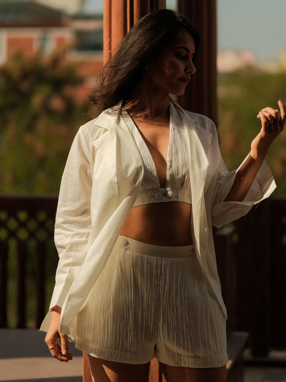 Jaya Rajas - White 3 PC Shirt and Bralette Set.