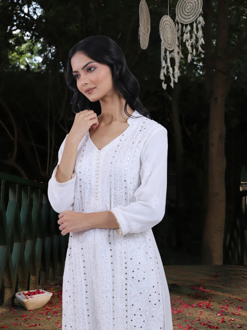 Shishir Anji - White Collar Pattern Straight Kurta Set