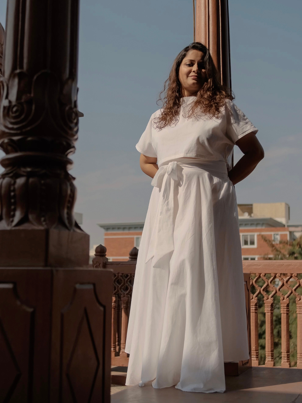 Ananya Saundarya - White Crop Top with Flared Skirt