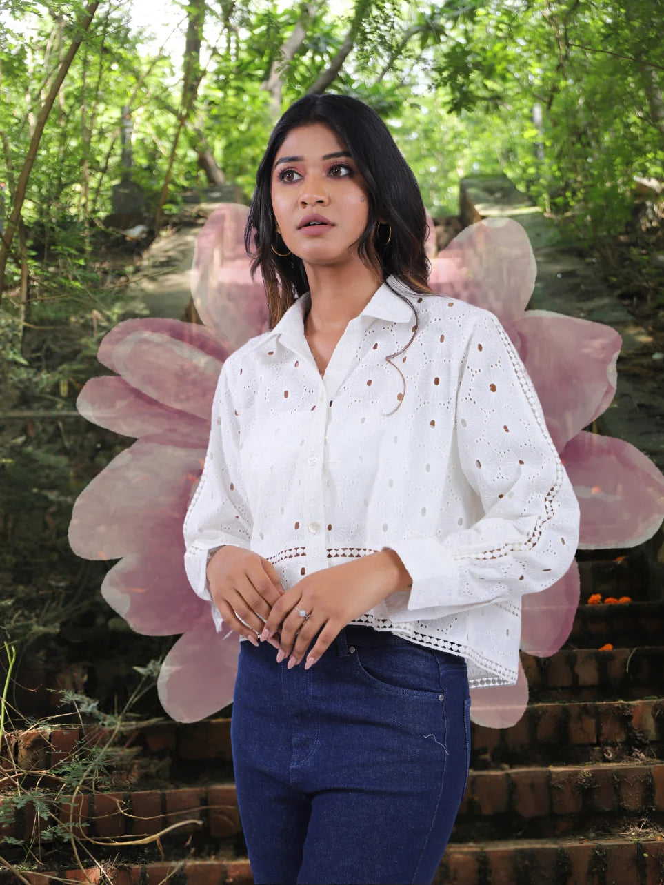 Achal Ishani - White Schiffli Cotton High and Low Shirt