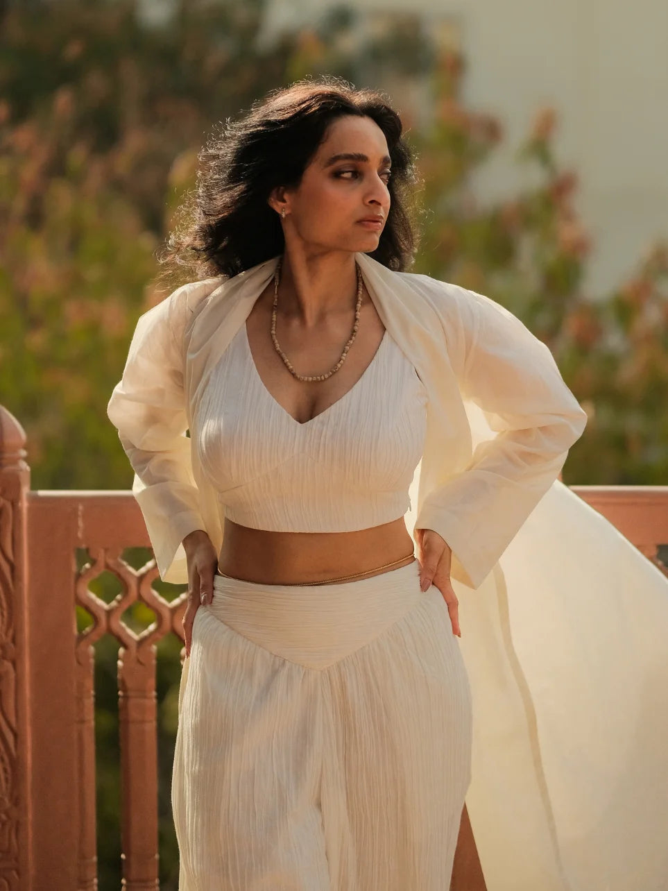 Kanika - White 3PC Bralette with Joggers and Shrug.