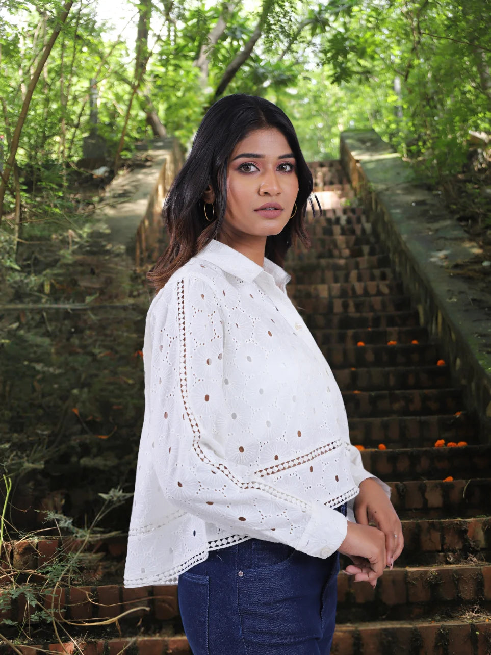 Achal Ishani - White Schiffli Cotton High and Low Shirt