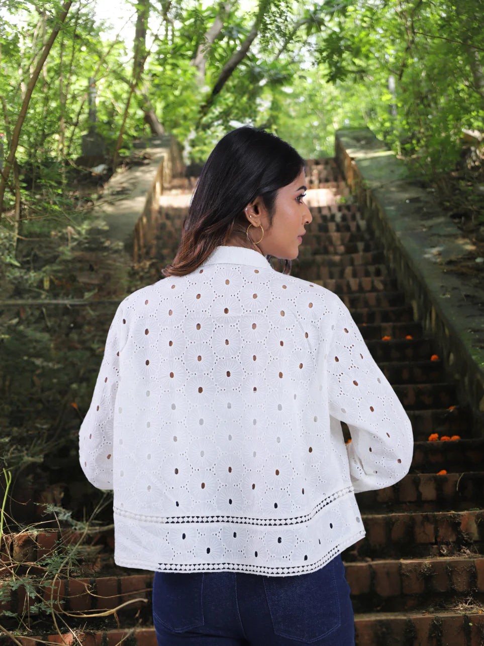 Achal Ishani - White Schiffli Cotton High and Low Shirt