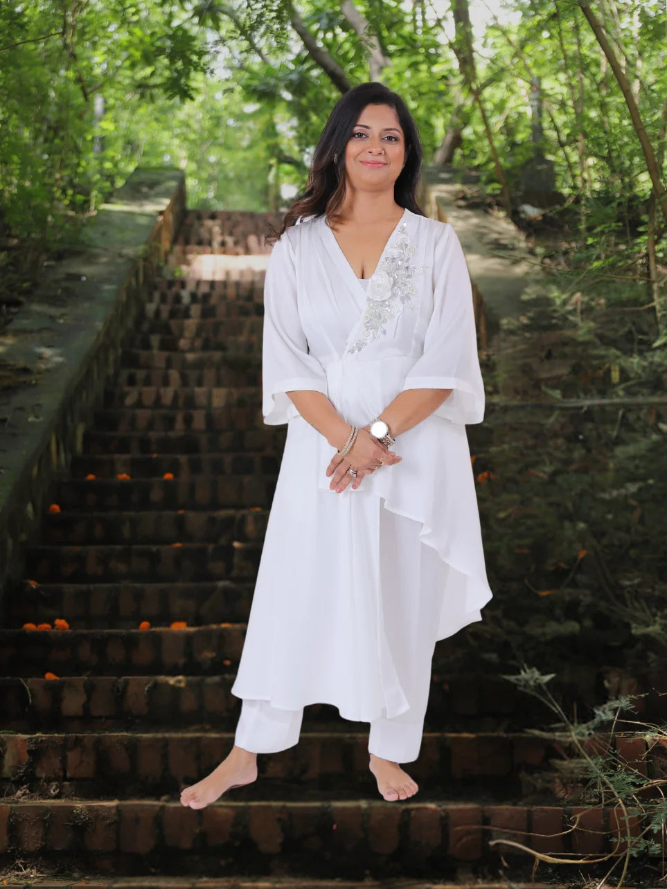 Shweta Samita - White Milano Satin Co-ord Sets with Handwork.