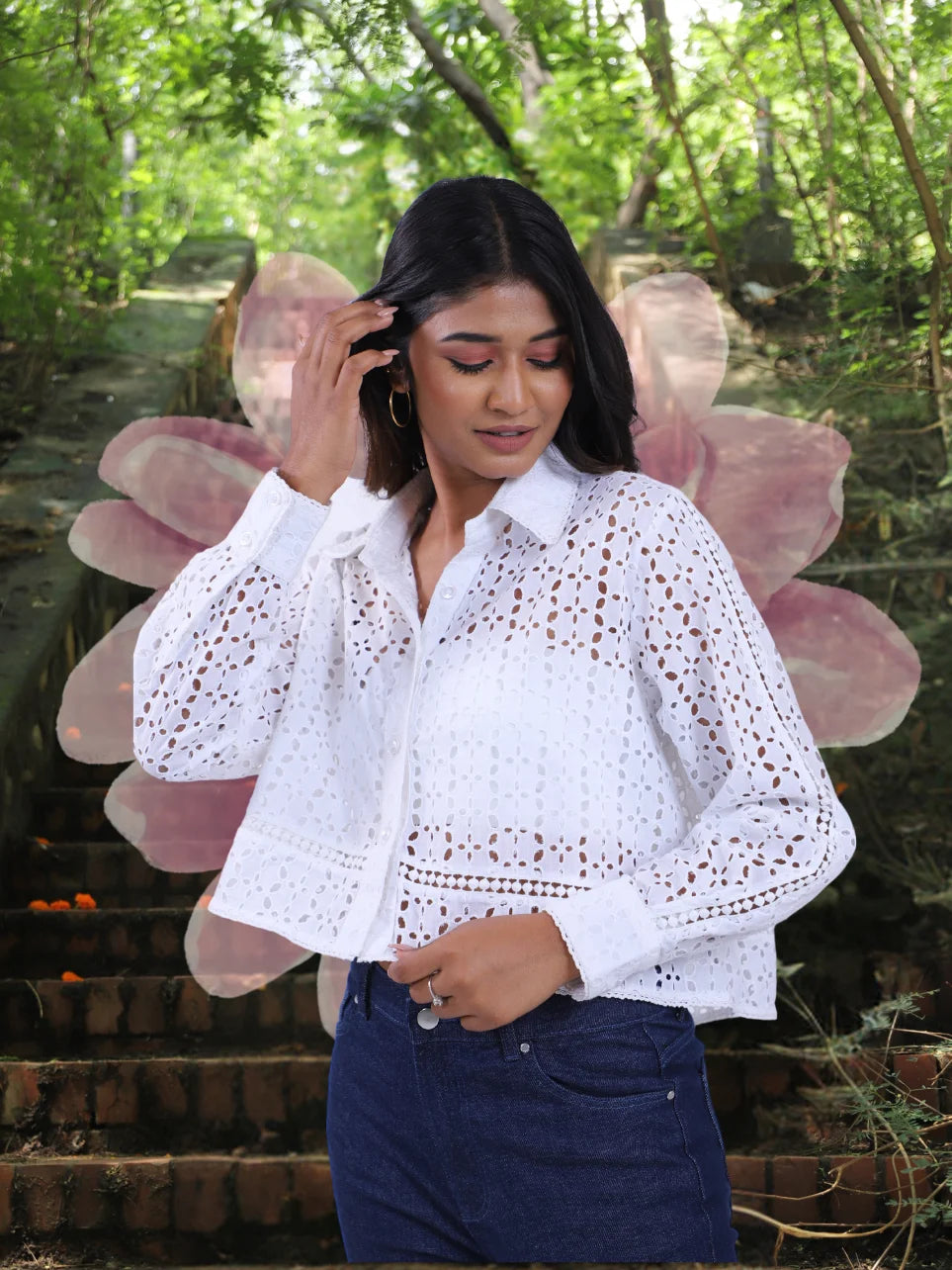 Divya Hans - White Schiffli High and Low Cotton Shirt