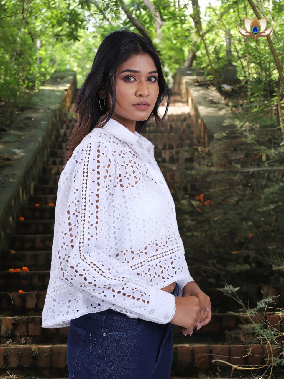 Divya Hans - White Schiffli High and Low Cotton Shirt