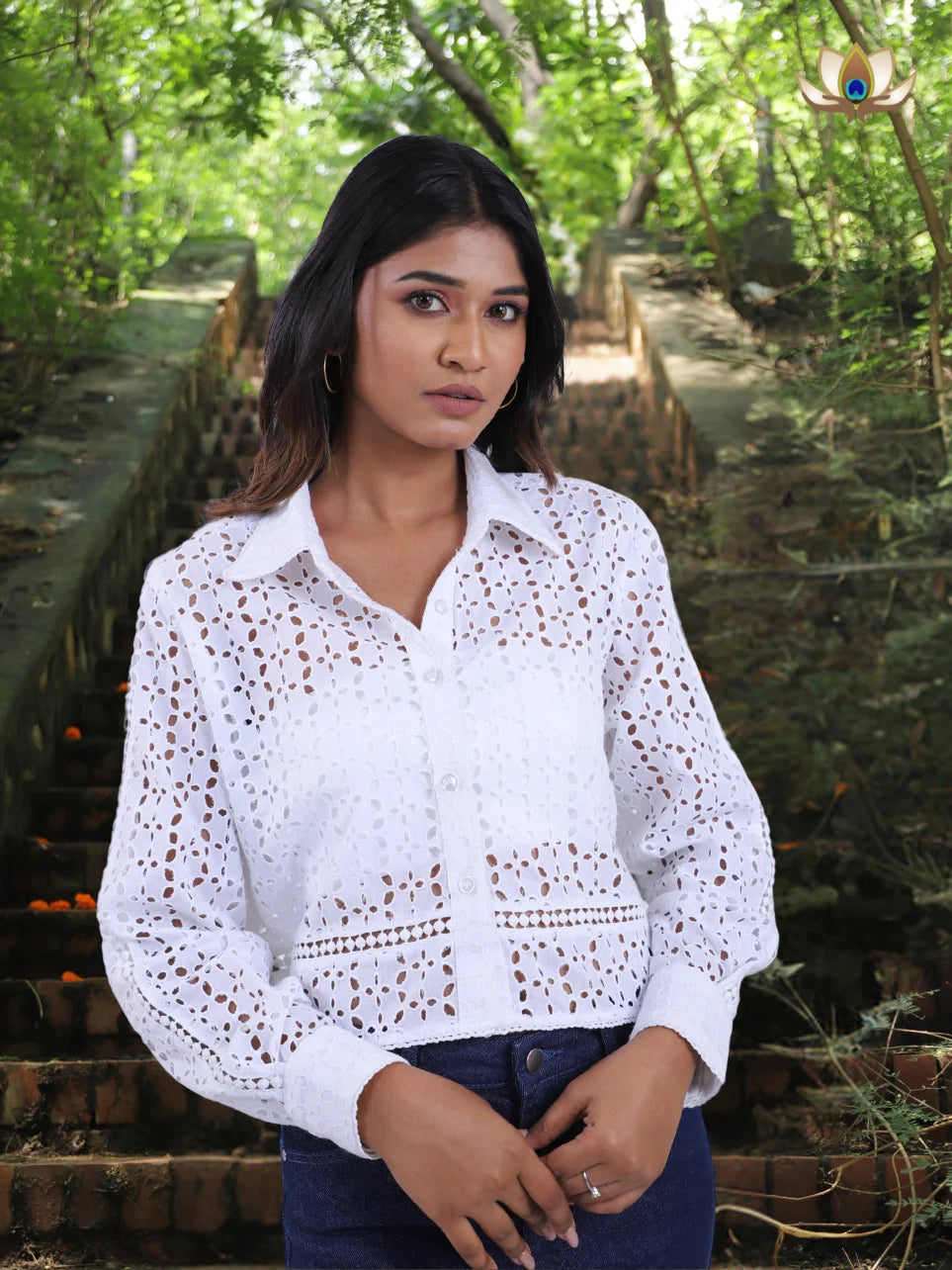 Divya Hans - White Schiffli High and Low Cotton Shirt