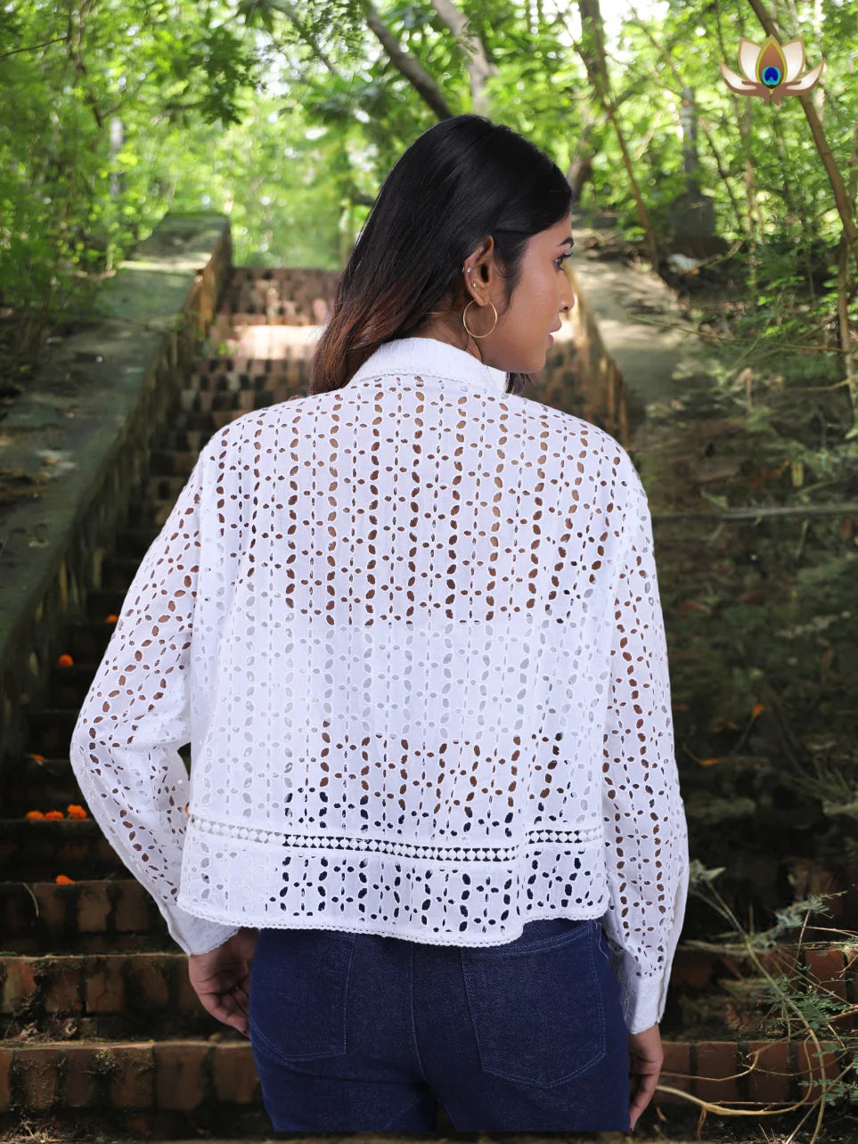 Divya Hans - White Schiffli High and Low Cotton Shirt