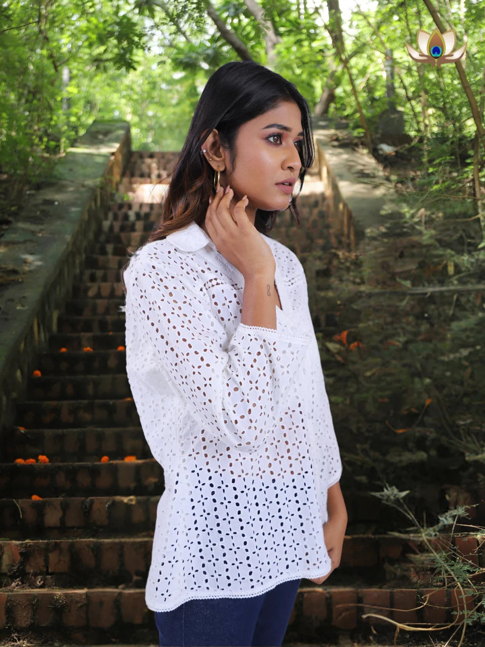 Divya Hans - White Schiffli High and Low Cotton Shirt