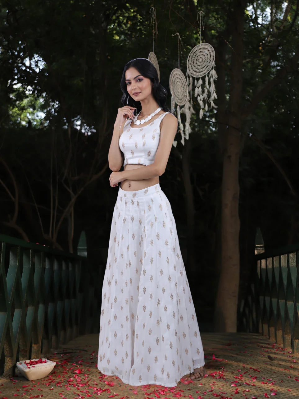 Ruchir Anubhuti - White & Gold Toned Ethnic Motifs Bralette with Flared Skirt