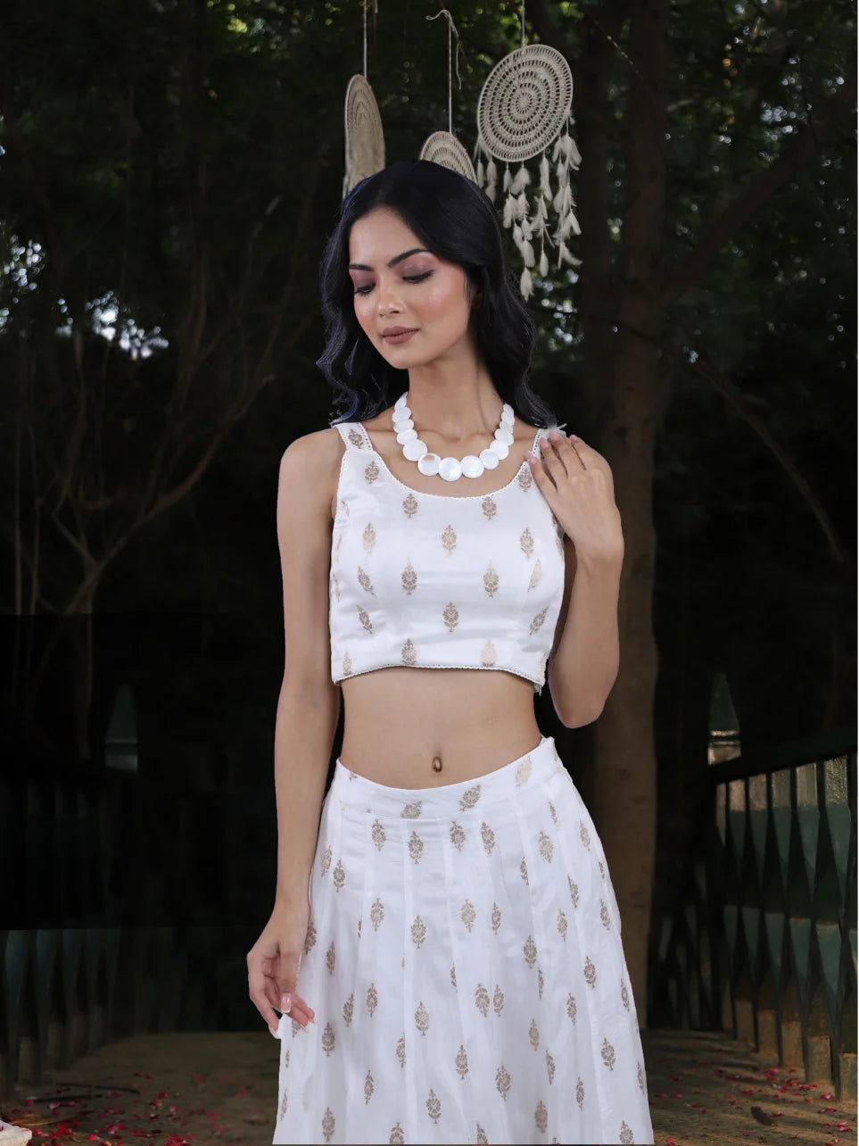 Ruchir Anubhuti - White & Gold Toned Ethnic Motifs Bralette with Flared Skirt