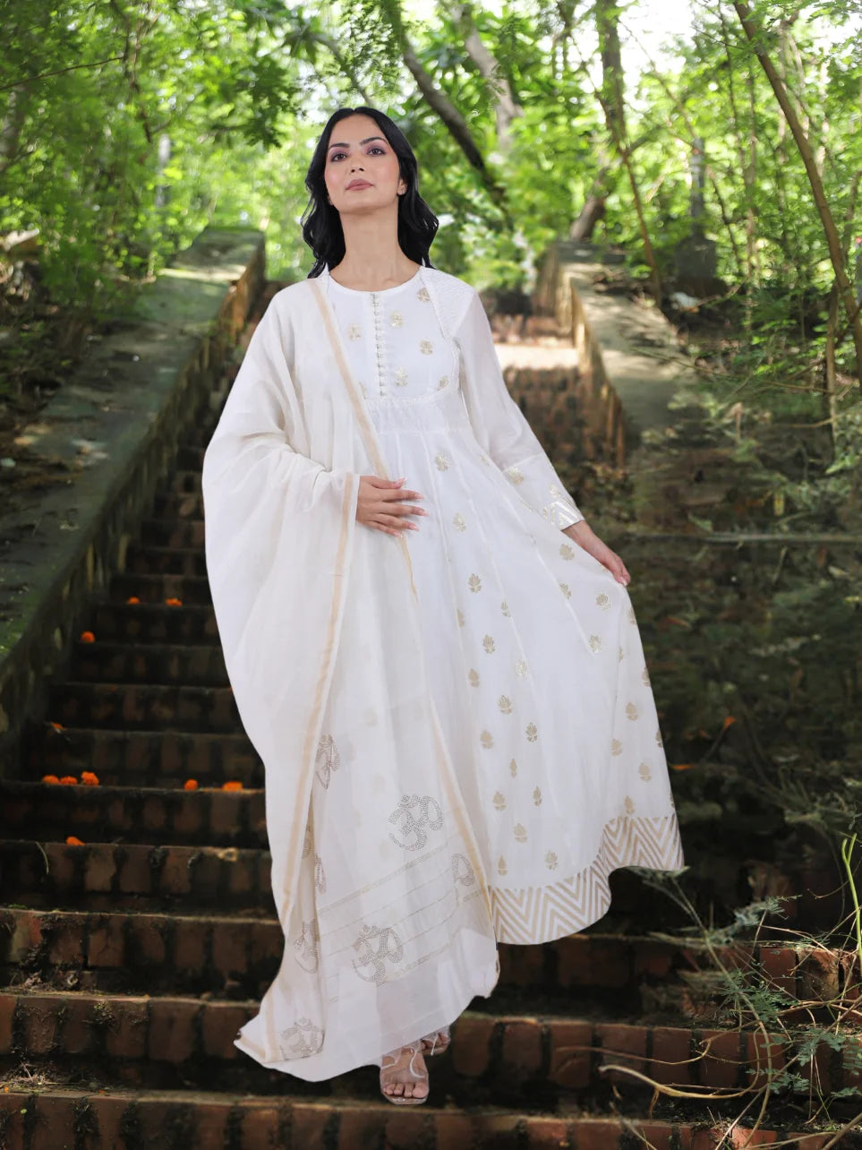 Anant Chetna - White Dupatta with OM Print