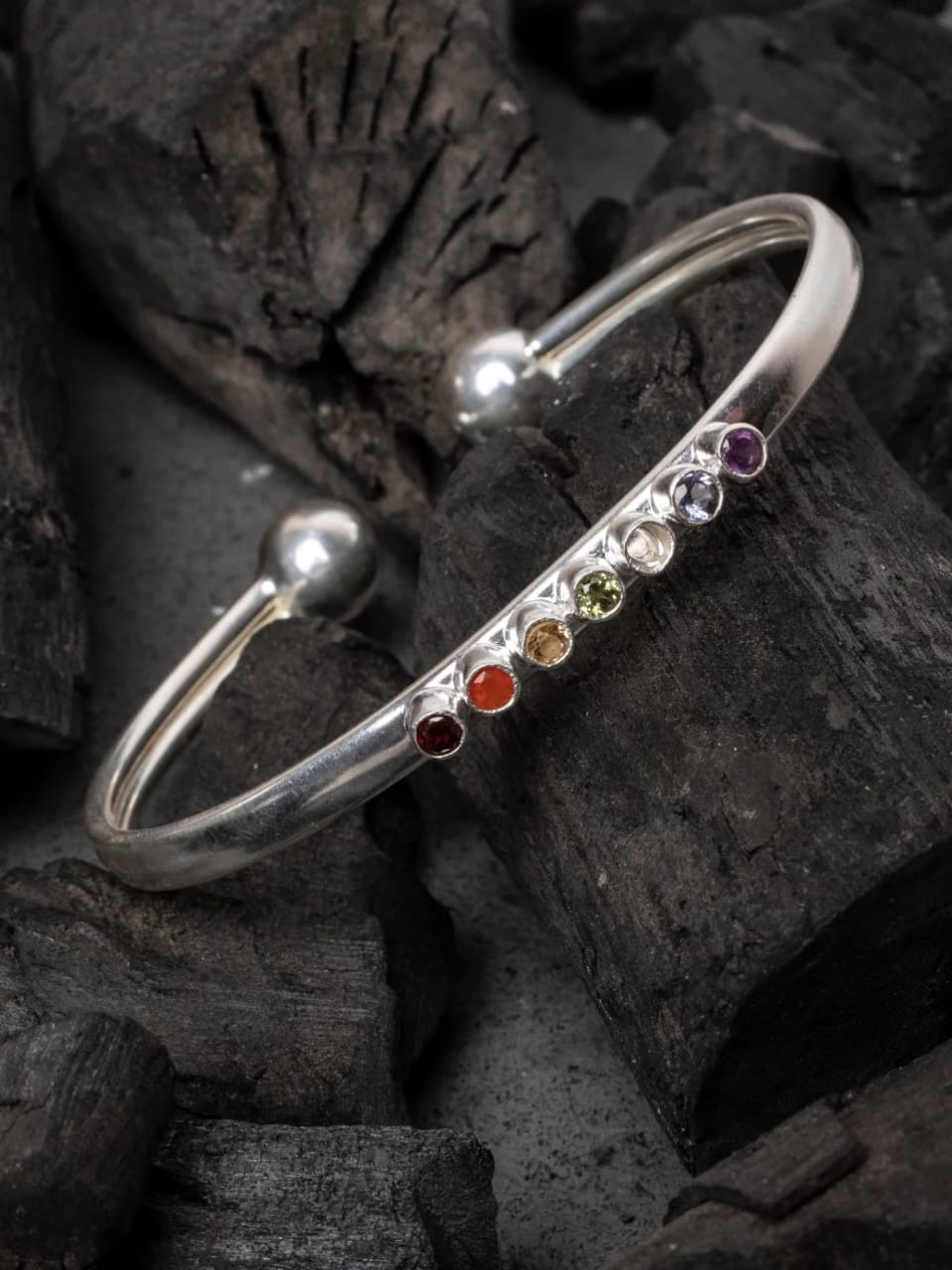 Seven Chakra Harmony Silver Bangle