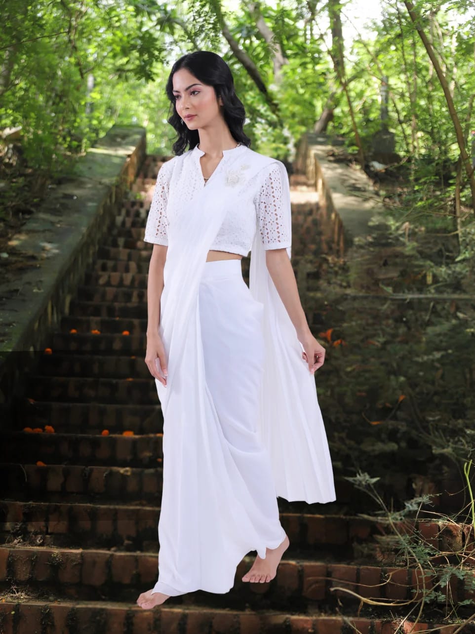 Parishkrita - Drape Style White Saree with Schiffli Blouse