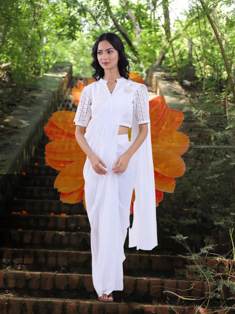 Parishkrita - Drape Style White Saree with Schiffli Blouse