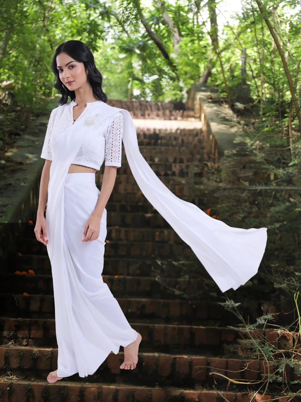 Parishkrita - Drape Style White Saree with Schiffli Blouse