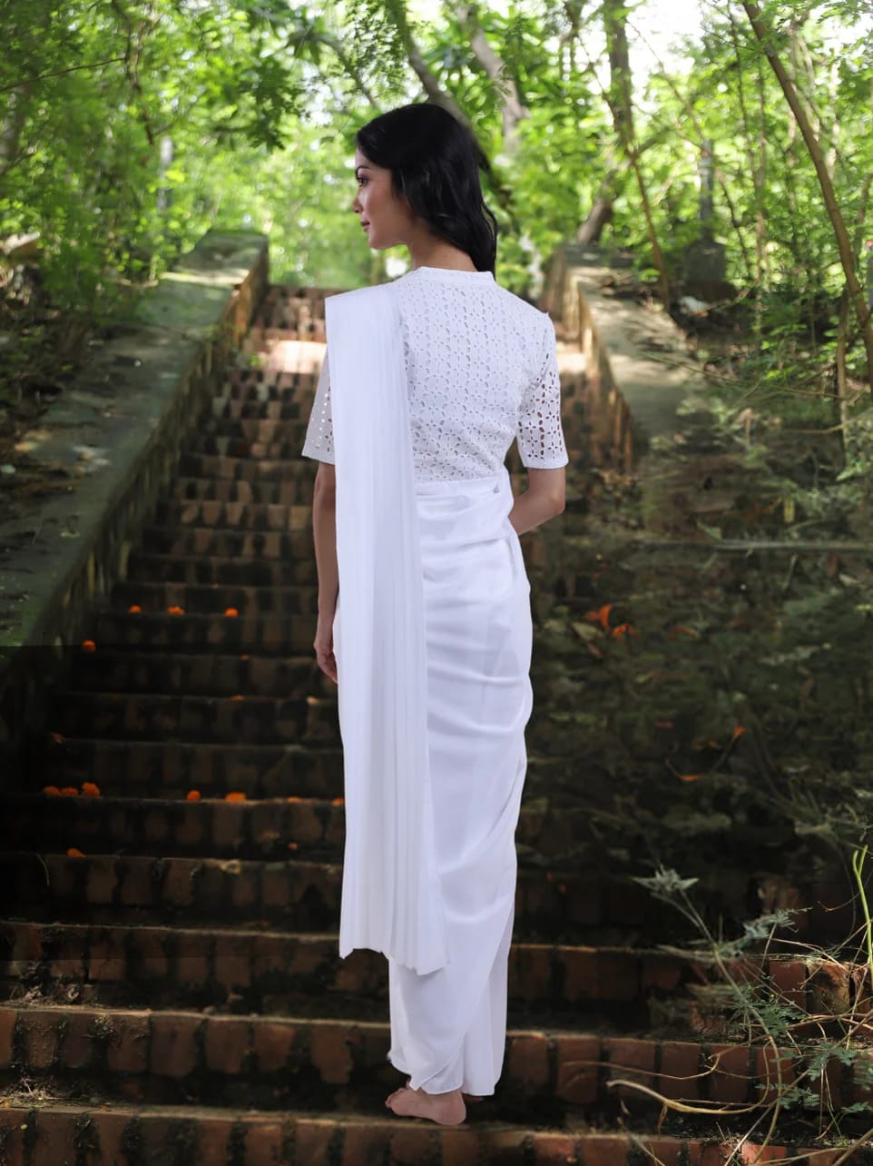 Parishkrita - Drape Style White Saree with Schiffli Blouse