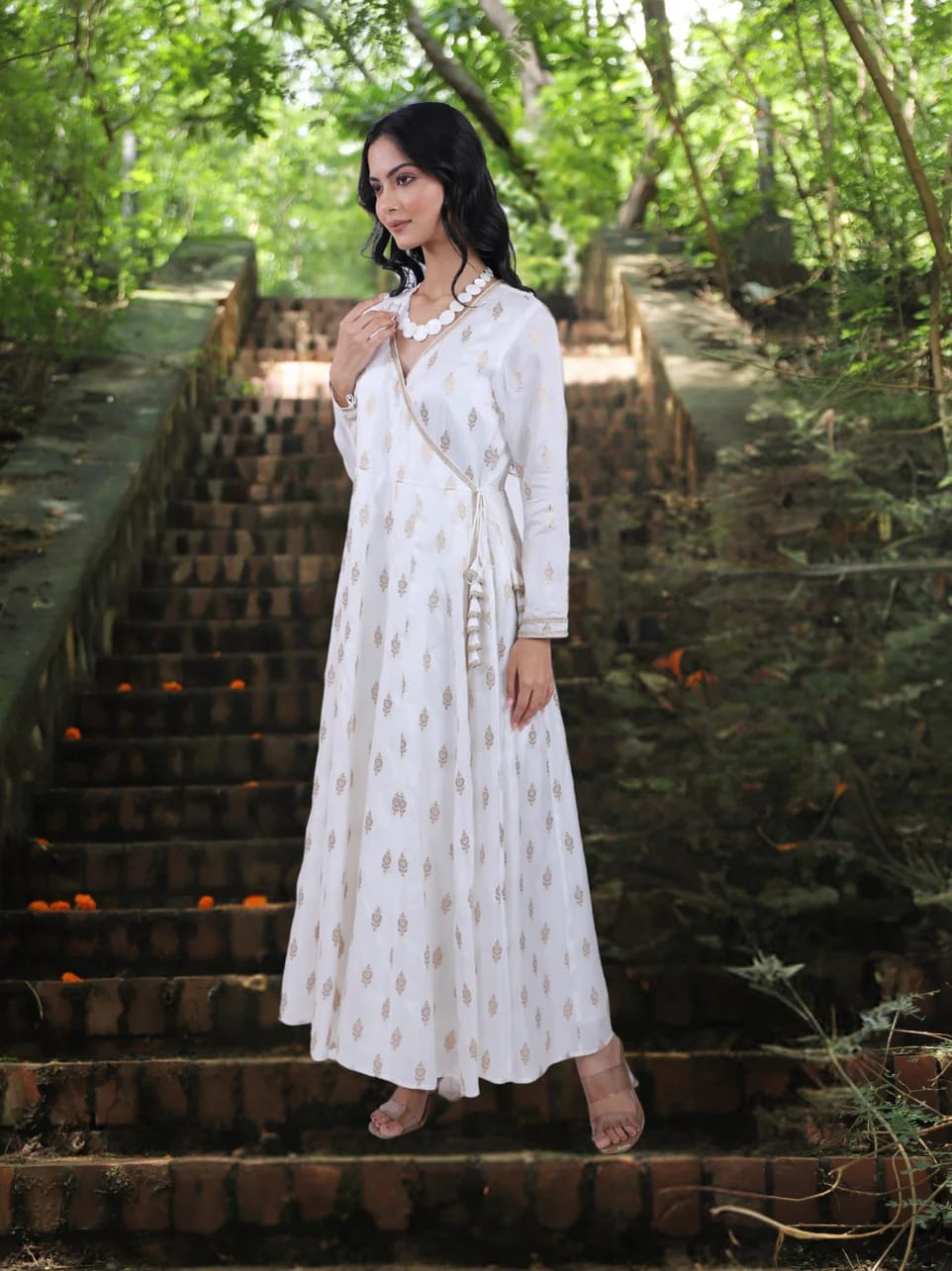 Aadya Ratna -White & Gold Anarkali Dress For Women