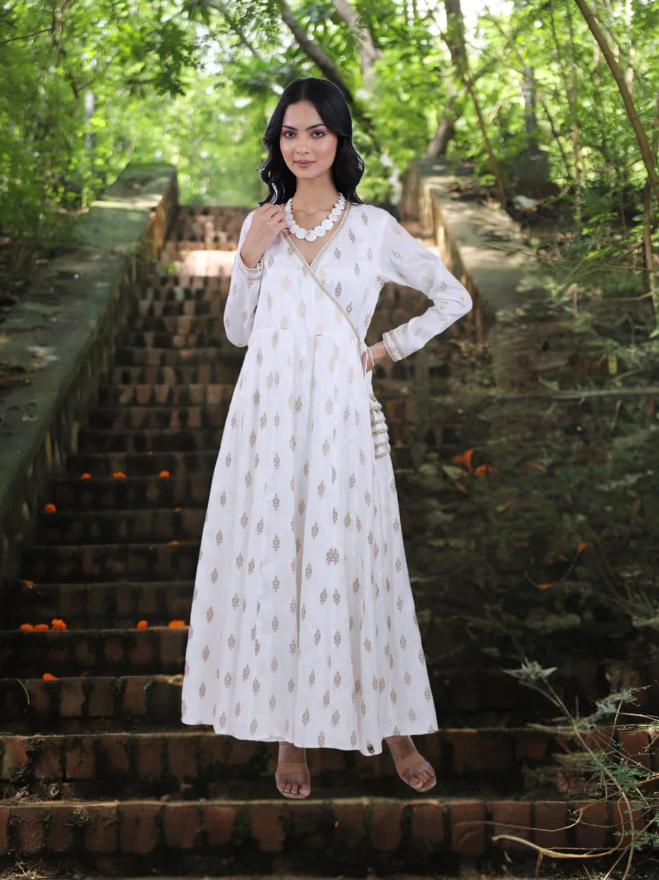 Aadya Ratna -White & Gold Anarkali Dress For Women