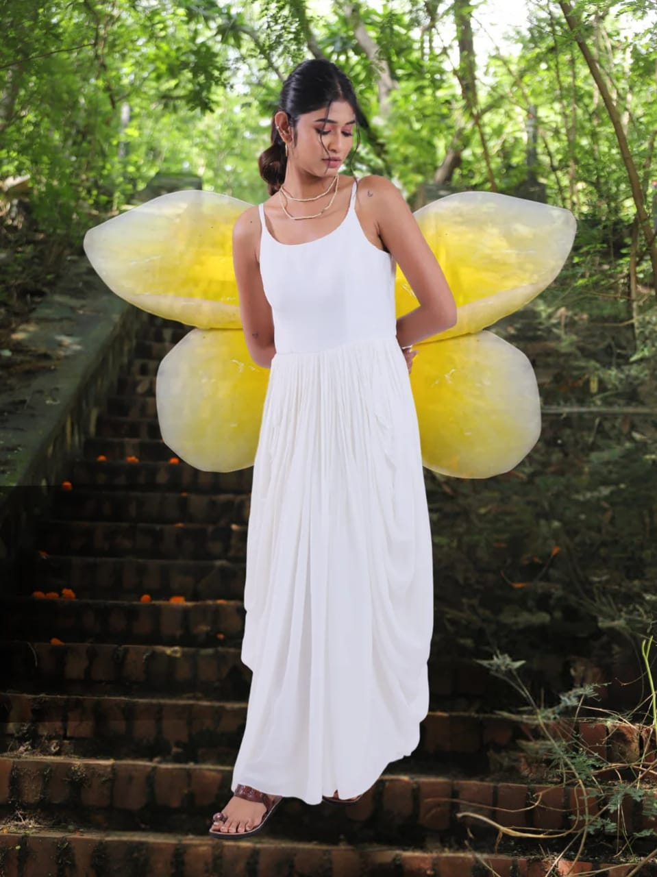Jal Pravah - White Long Drape Dhoti Dress With Noodle Strap